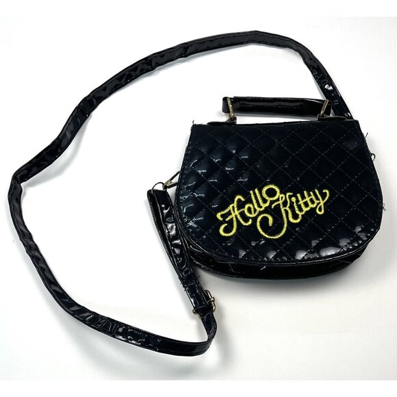 Sanrio HELLO KITTY 6.75"x5.5 Black Patent Crossbody PURSE Handbag Yellow EUC - Picture 2 of 4